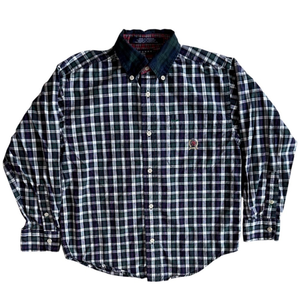 Tommy Hilfiger Lion Crest Vintage Plaid Button Up Shirt Youth (S) Preppy Classic